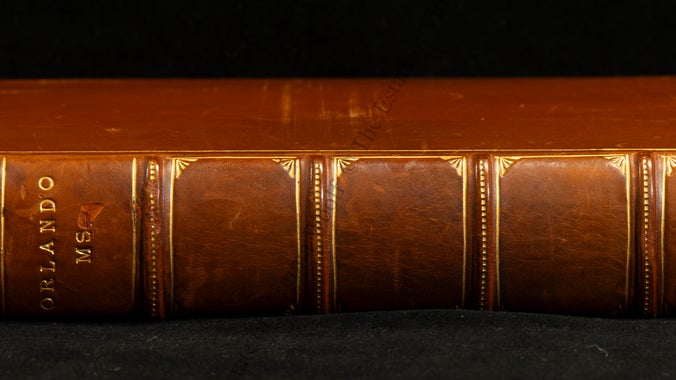 A manuscript by Virginia Woolf for her novel 'Orlando', written in purple ink in 1928 - Book Spine.